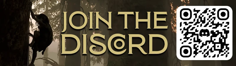 Discord Qr Promo – TROLLHEIM: GNOMES TROLLHEIM: Gold “JOIN THE DISCORD” text beside a QR code over a forest scene.