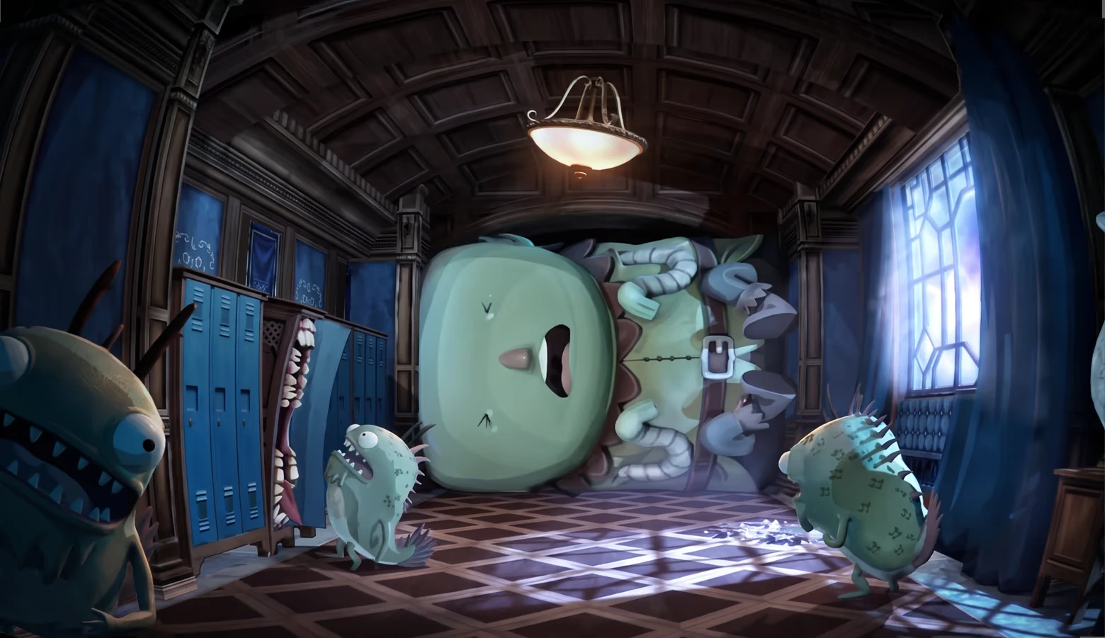 Trouble in Potion High: Monster-filled hallway with lockers and giant sleeping creature.
