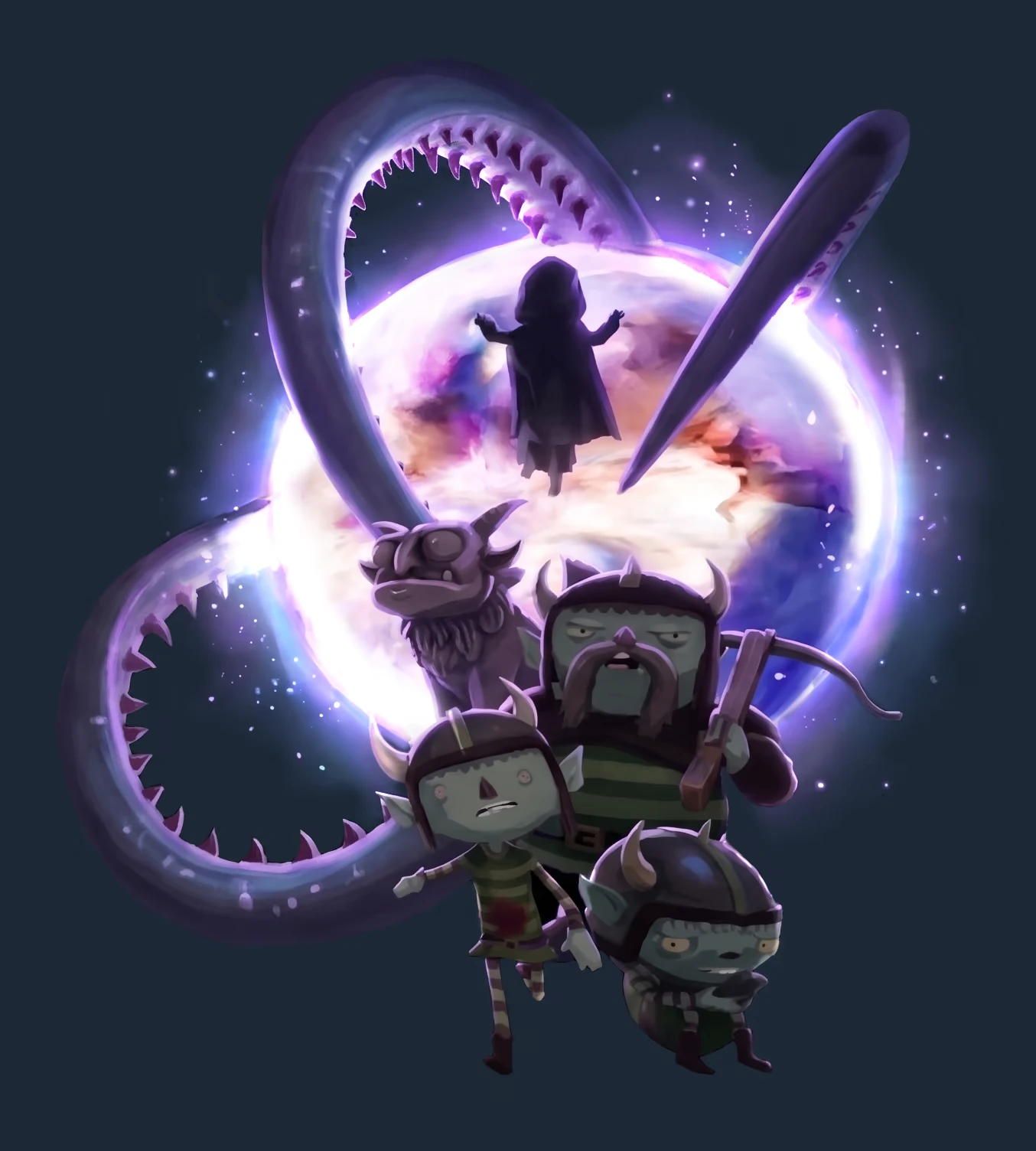 Trouble in Potion High: Hooded figure in glowing orb, tentacles and goblin warriors below.