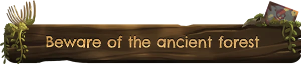 Truckful: Wooden sign with text "Beware of the ancient forest," adorned with plants and skull.