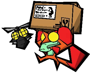 Trunkey’s Amazing Odyssey: Red character holds grenade near cardboard box with label.