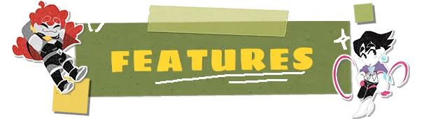 Truth Scrapper: Green banner with yellow “FEATURES” text, two cartoon characters on sides.