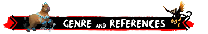 Tupi: A capybara with blue markings and a winged monkey flank "GENRE and REFERENCES" text.