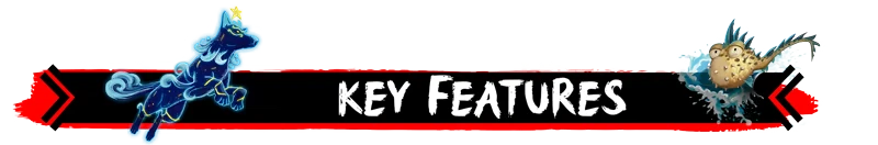 Tupi: Blue mythical creature and fish-like monster flank "Key Features" text on a red banner.