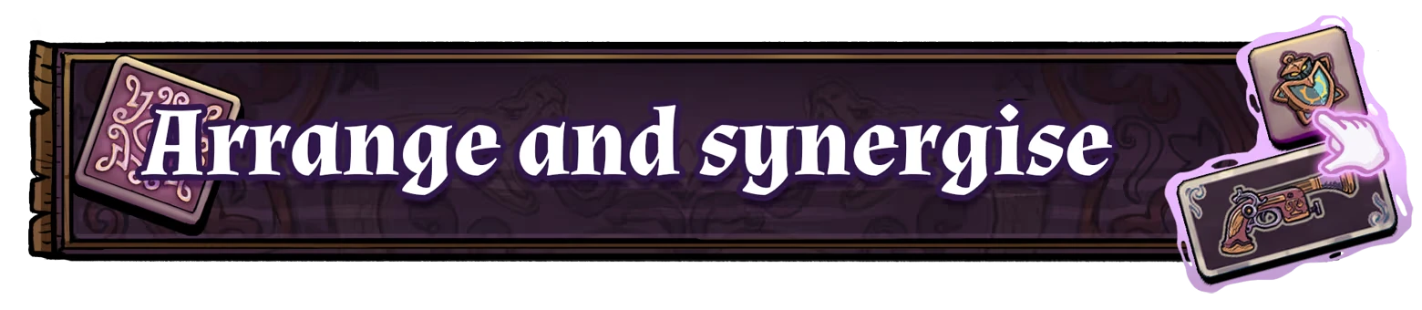 Turnbound: Dark banner with "Arrange and synergise" text, cards, and a hand cursor icon.