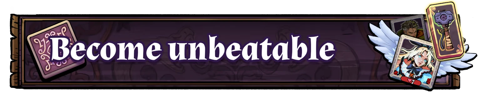 Turnbound: "Become unbeatable" text with character cards, wings, and a hammer card on dark banner.