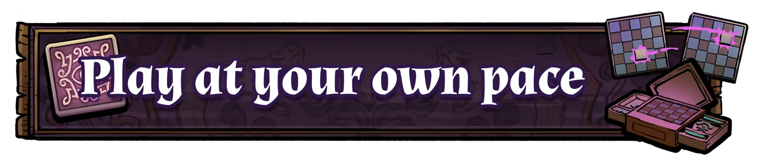 Turnbound: Purple banner with "Play at your own pace" in bold white text, cards and board icons.