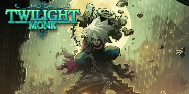 Twilight Monk: Character with spiky hair and armor, moonlit background, title in teal font.