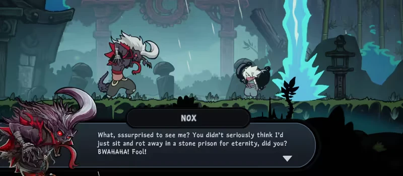 Twilight Monk: Nox taunts a small character in a forest with glowing blue energy and rain.