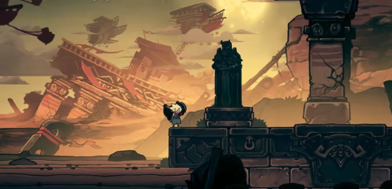 Twilight Monk: Character stands by a statue on a stone platform, with airships in the background.