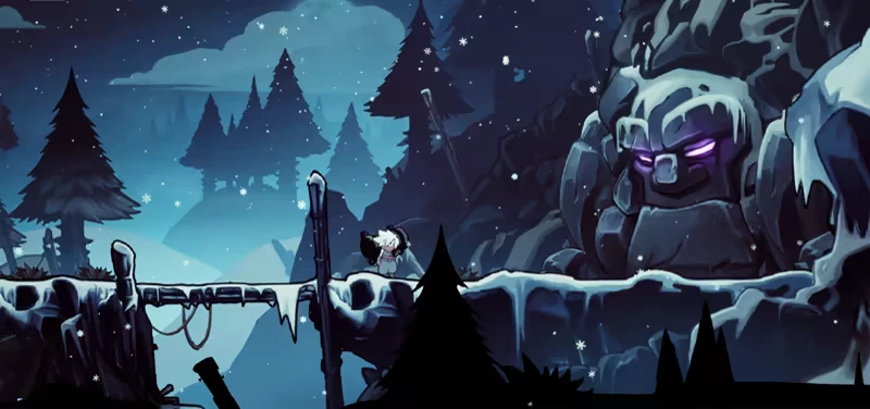 Twilight Monk: Snowy forest scene with a stone giant, glowing purple eyes, and falling snowflakes.