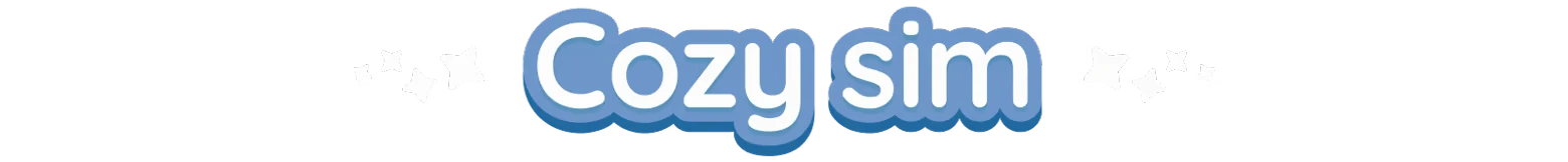 Twinkleby: "Cozy sim" text in bubbly blue font with white star accents on a transparent background.