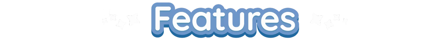 Twinkleby: Blue bubble text "Features" with white stars on a black background.