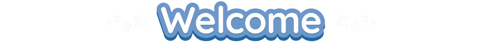 Twinkleby: Blue text "Welcome" with white outline, surrounded by small white star shapes.