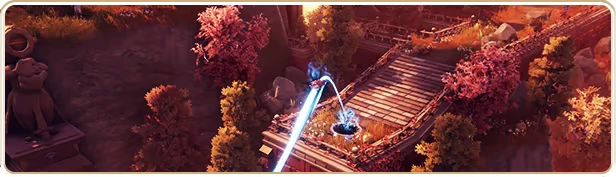 Twins of Olus: A beam of light connects a glowing portal on a bridge amidst vibrant autumn trees.