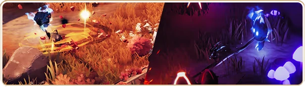 Twins of Olus: Split scene with fiery left and glowing blue right, featuring mystical orbs.