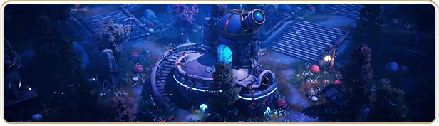 Twins of Olus: A glowing observatory with a telescope, surrounded by lush, colorful foliage.