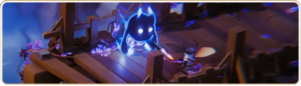 Twins of Olus: A glowing blue spirit with horns floats above a wooden bridge with pink flowers.