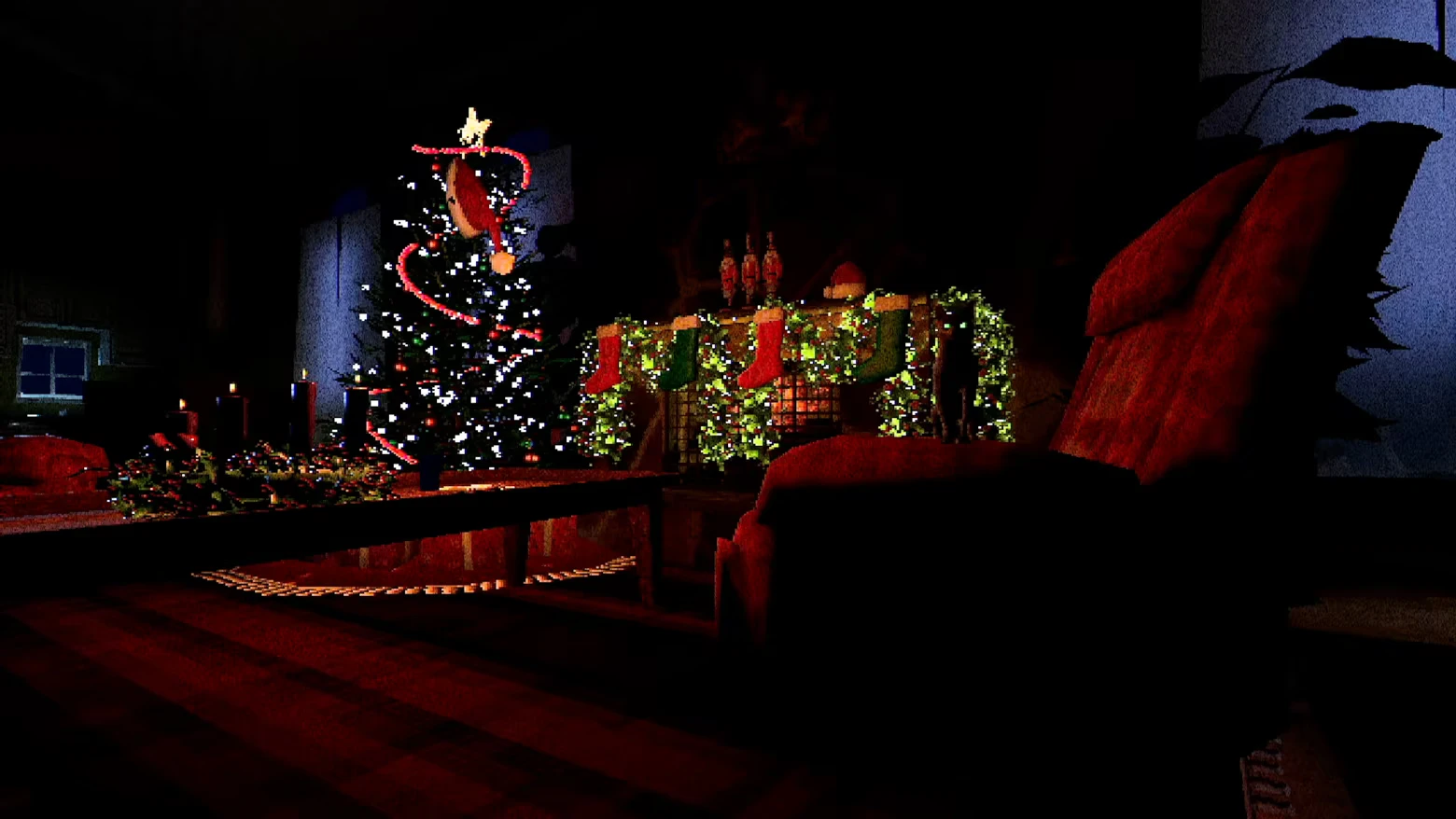 T.W.I.R.L.: Dark living room with lit Christmas tree, stockings, garlands, and red armchair.