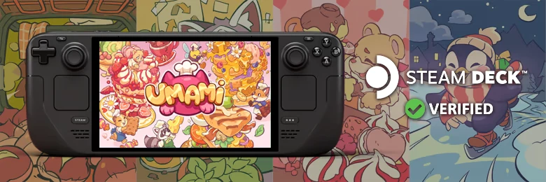 Steam Deck Verified – UMAMI UMAMI: Colorful food-themed art on a handheld console screen, with "STEAM DECK VERIFIED" text.