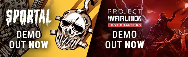 Undead West: Split image with "SPORTAL" and "PROJECT WARLOCK" demos, skull and cowboy scene.