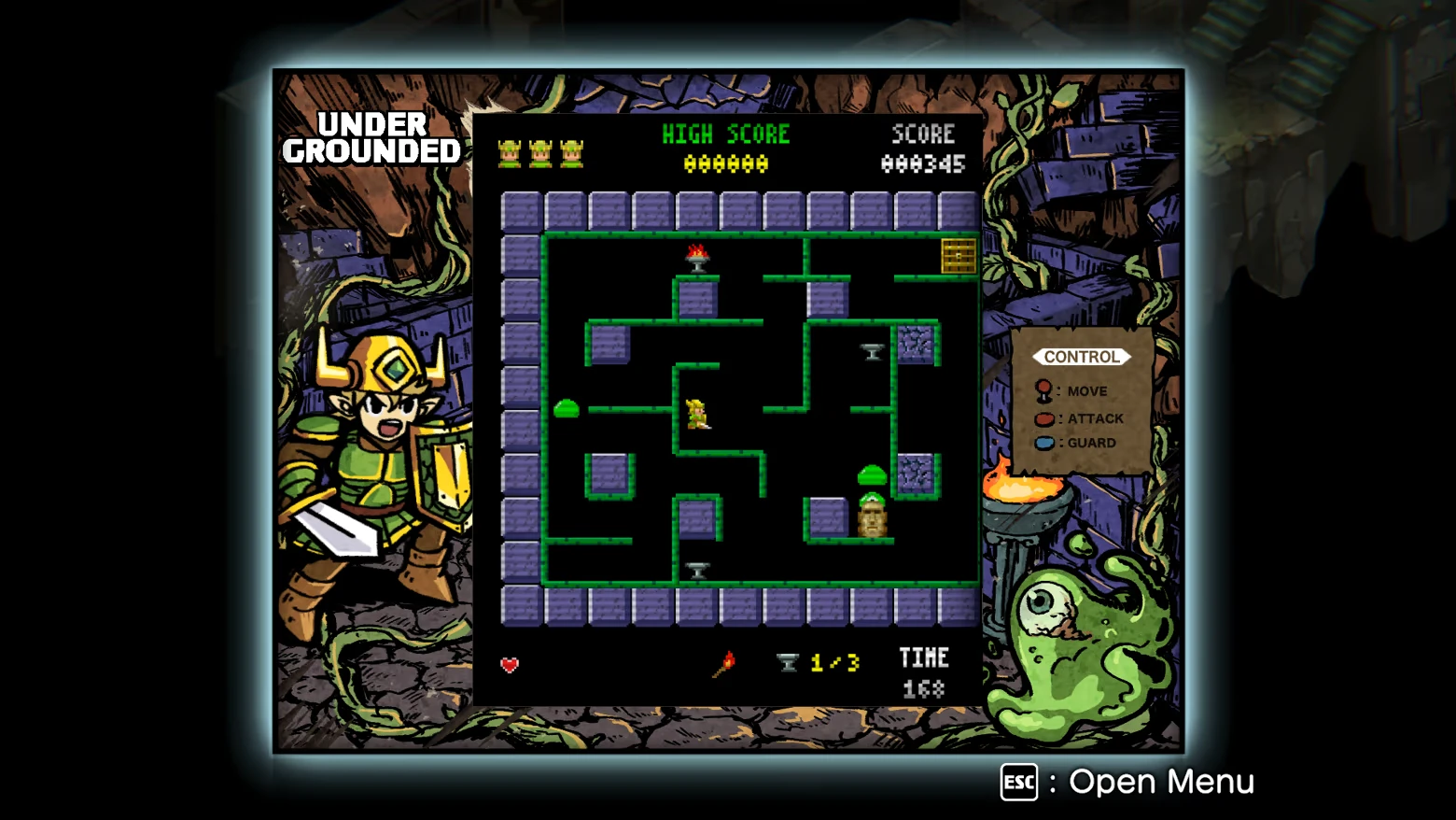 Arcade Maze Gameplay – UNDERGROUNDED UNDERGROUNDED: Knight with sword and shield beside a maze game screen with score and controls.