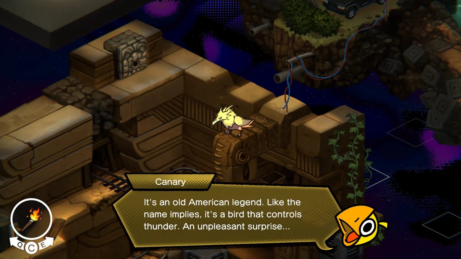 Canary Platform Dialogue – UNDERGROUNDED UNDERGROUNDED: A bird on a stone structure with text box, "It's an old American legend..."