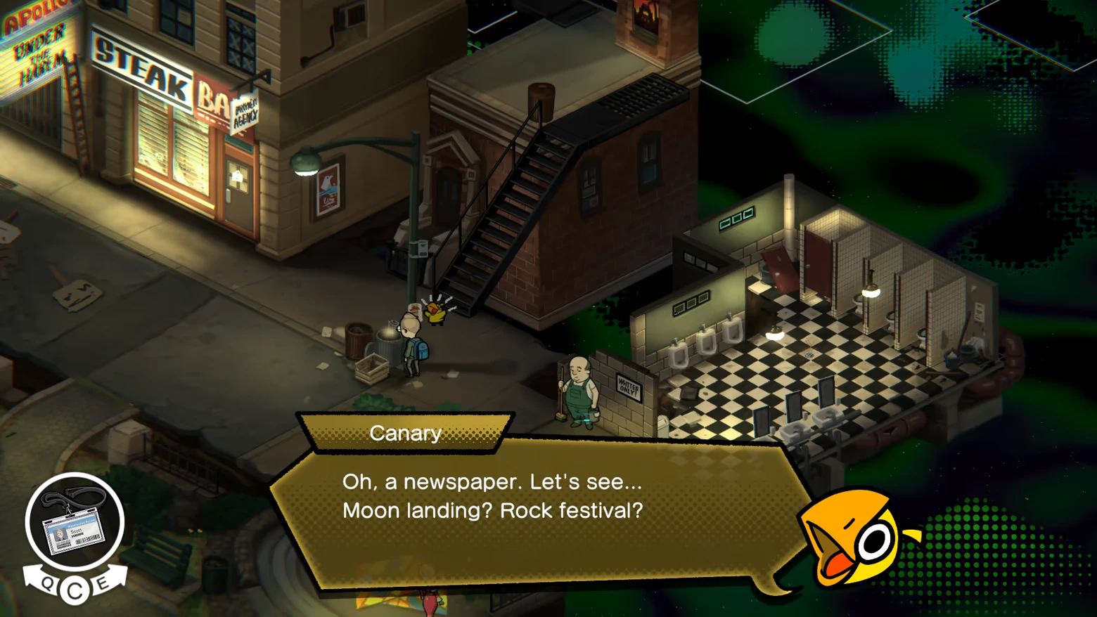 Street Bathroom Scene – UNDERGROUNDED UNDERGROUNDED: Scott and Canary explore a street with a steak bar, restroom, and dialogue box.