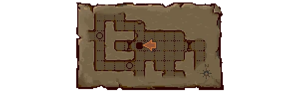 Underkeep: Pixel dungeon map on parchment, dotted grid corridors, orange arrow marker center.