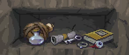 Underkeep: Pixel art chest with potion bottle, scroll, key, and yellow book with eye.