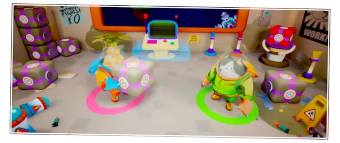 Underpacked!: Two characters in spacesuits handle packages in a cluttered room with a computer.