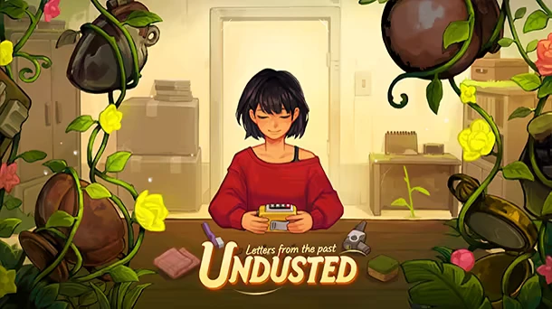 Undusted: Girl in red sweater holds device, surrounded by vines and cleaning tools on table.