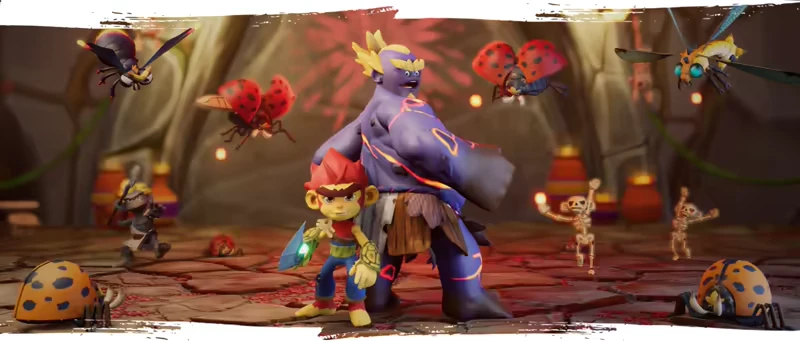 UNGALAND!: Two characters stand ready, surrounded by giant insects and small skeletons in a cave.