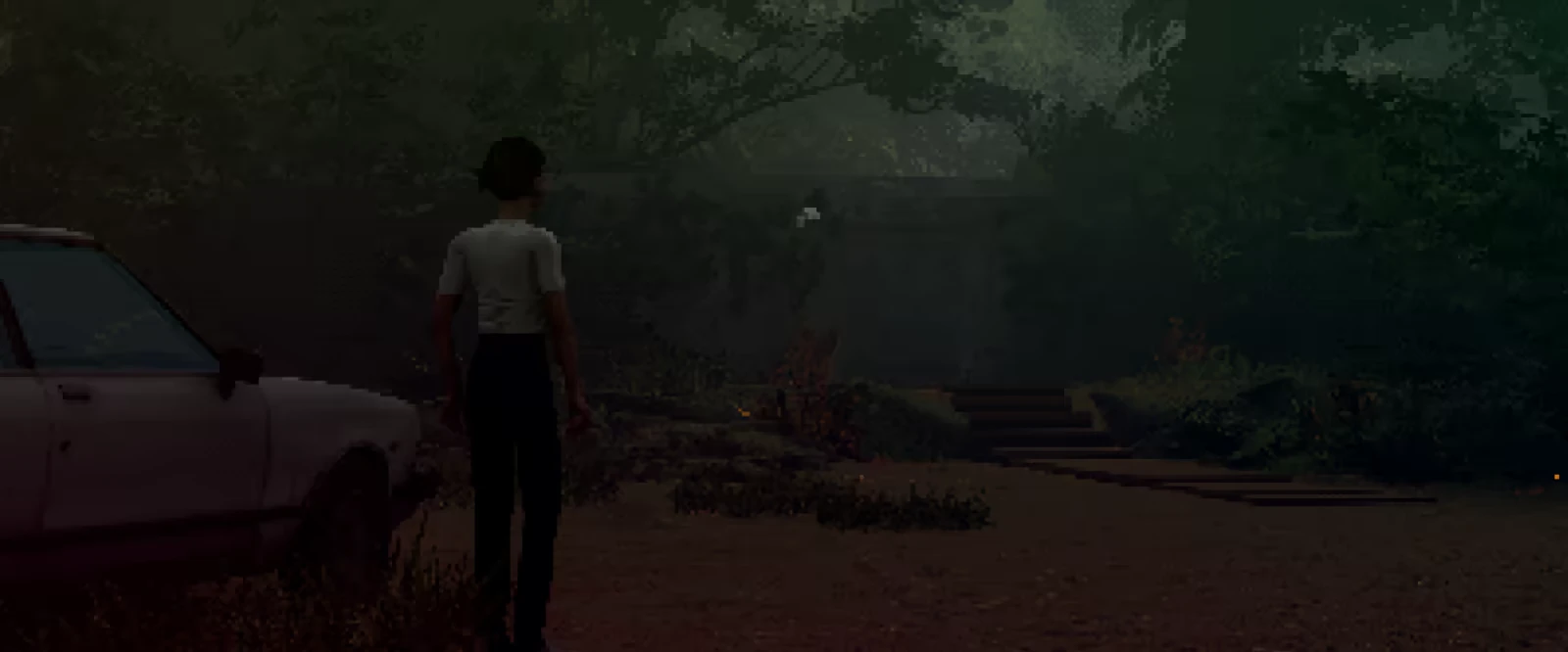 Driveway Arrival – Unhomely Unhomely: Person stands by a car on a foggy path leading to cabin steps in woods.