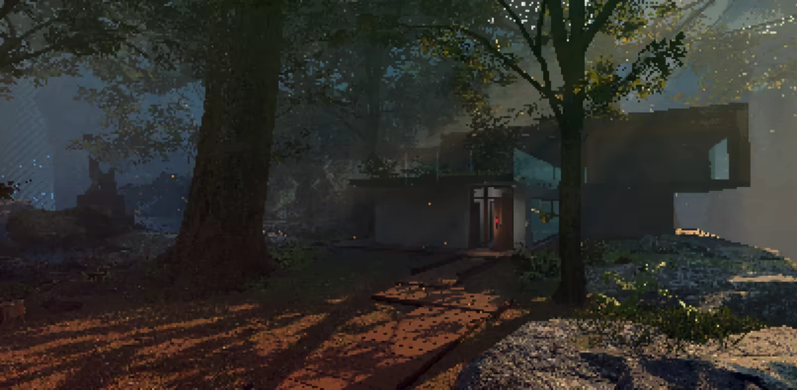 Forest Modern House – Unhomely Unhomely: Pixelated forest path leading to a modern house with a lit doorway.