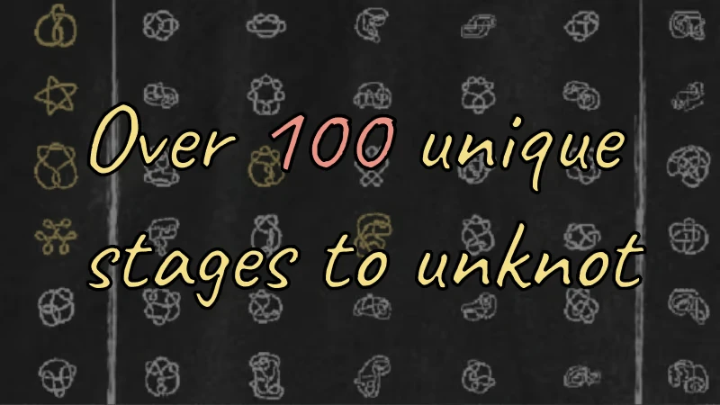 Unknot!: Text reads "Over 100 unique stages to unknot" with knot illustrations on a dark background.