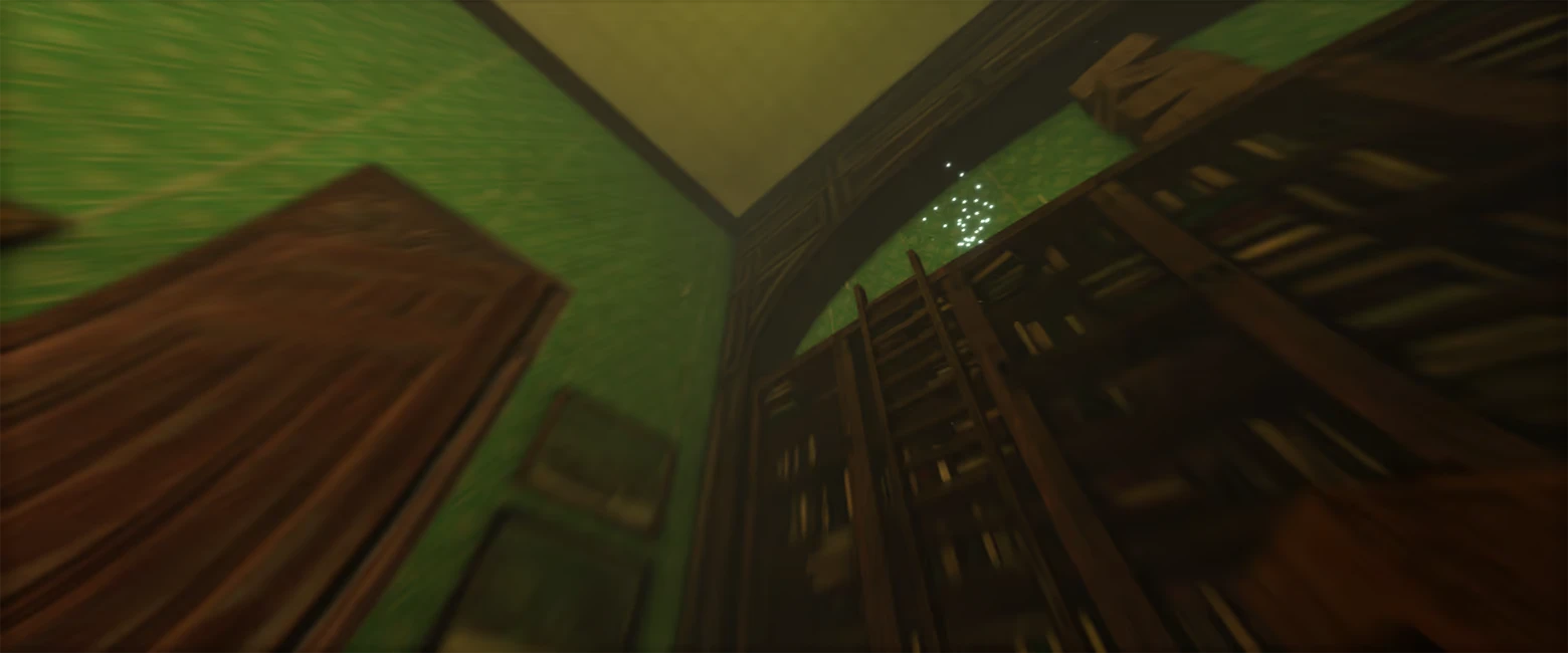 Unseal: Tilted view of green room corner with wooden shelving and glowing specks.