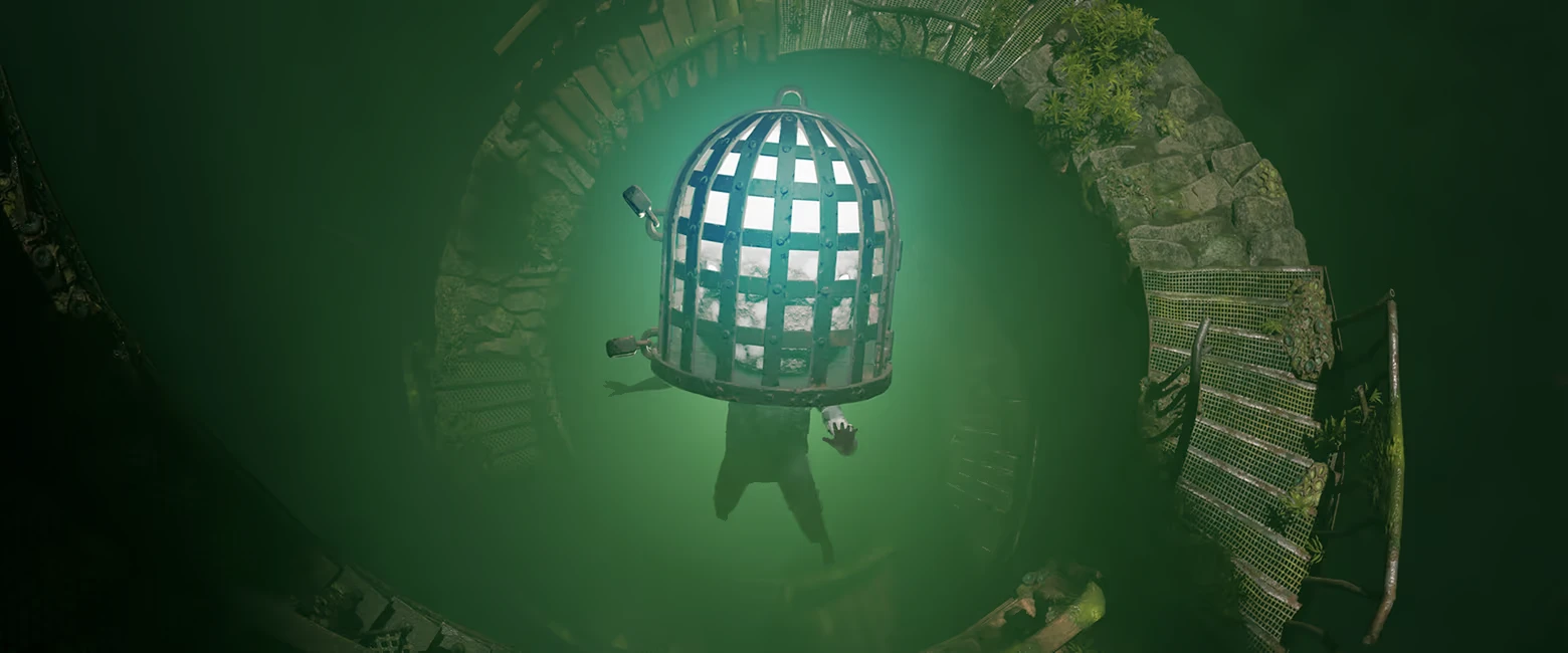 Unseal: Top-down view of a figure under a metal cage in a green-lit stone pit.