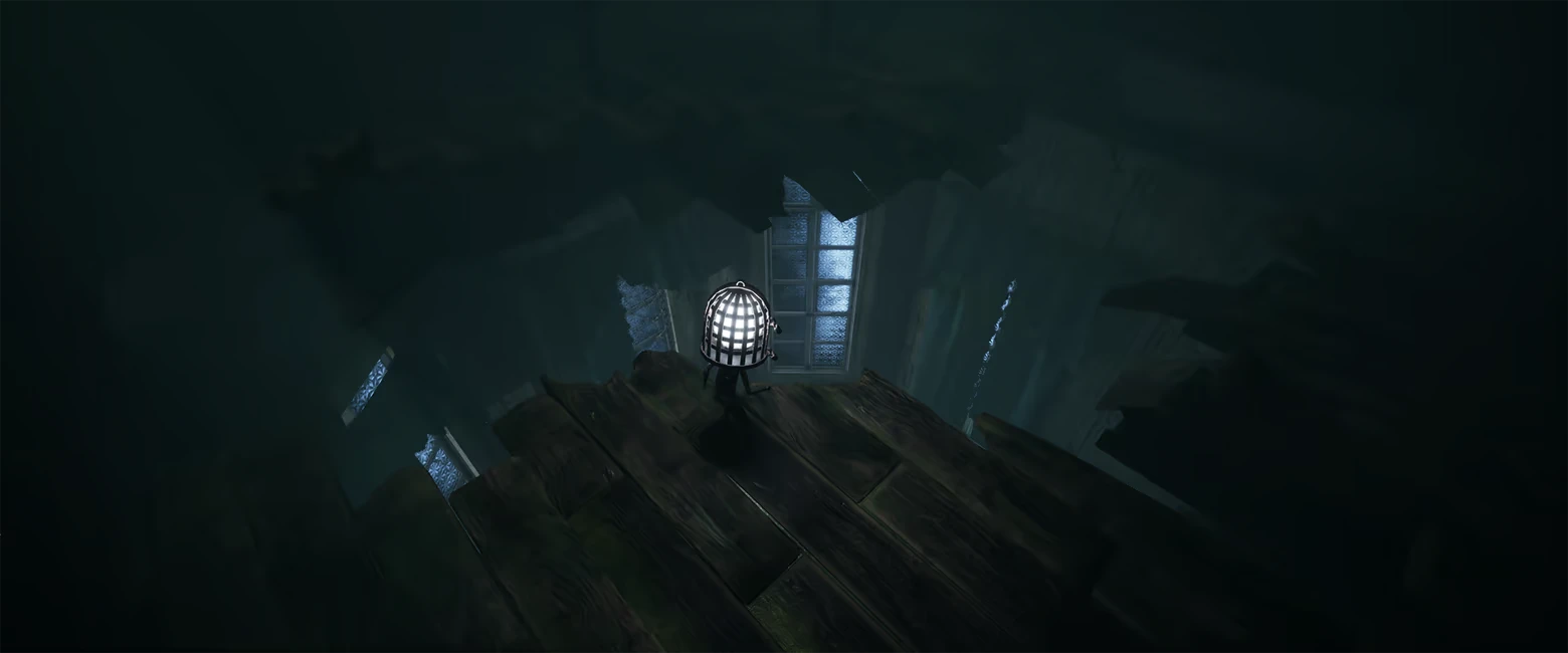 Unseal: Caged lantern-like head figure stands on wooden planks above tall windows.
