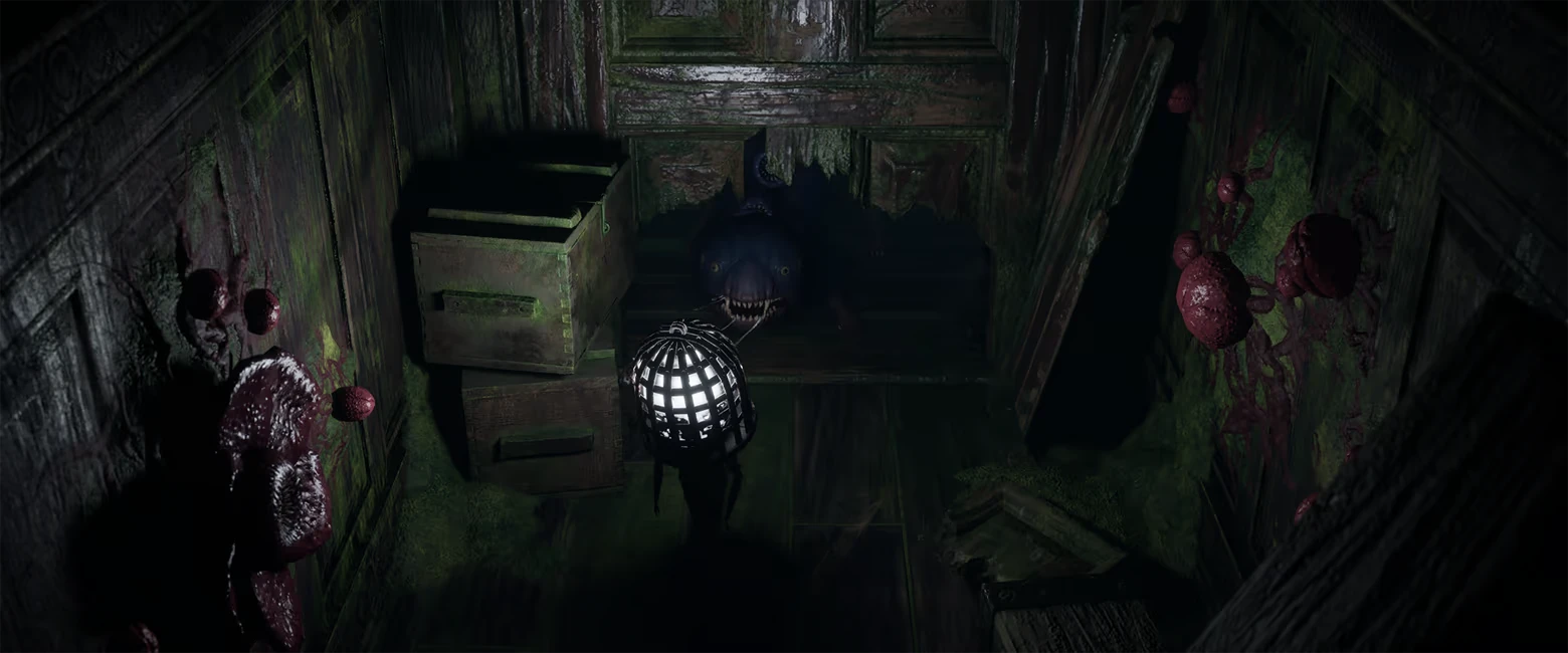 Unseal: Caged-head figure faces grinning shadow creature in moldy wooden hallway.
