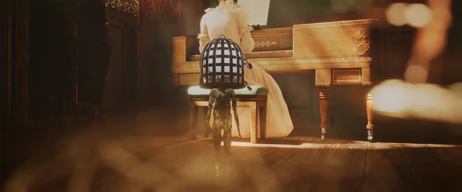 Unseal: Charred figure with caged head faces a woman at an upright piano in warm light.