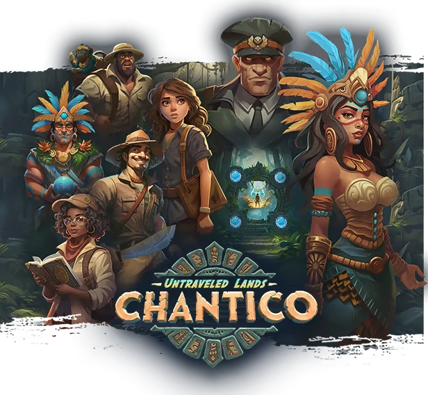 Characters Ensemble – Untraveled Lands: Chantico Untraveled Lands: Diverse explorers and a tribal figure stand before a mystical jungle portal.