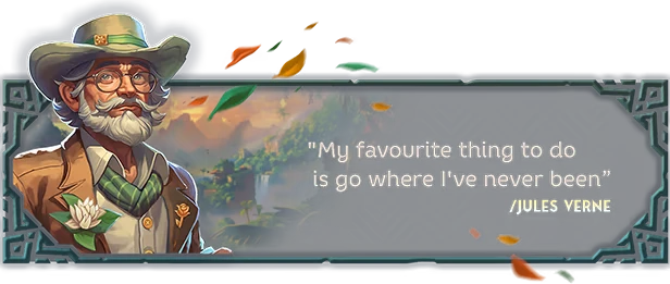Quote Illustration – Untraveled Lands: Chantico Untraveled Lands: Elderly man with hat and glasses, quote by Jules Verne, jungle backdrop.