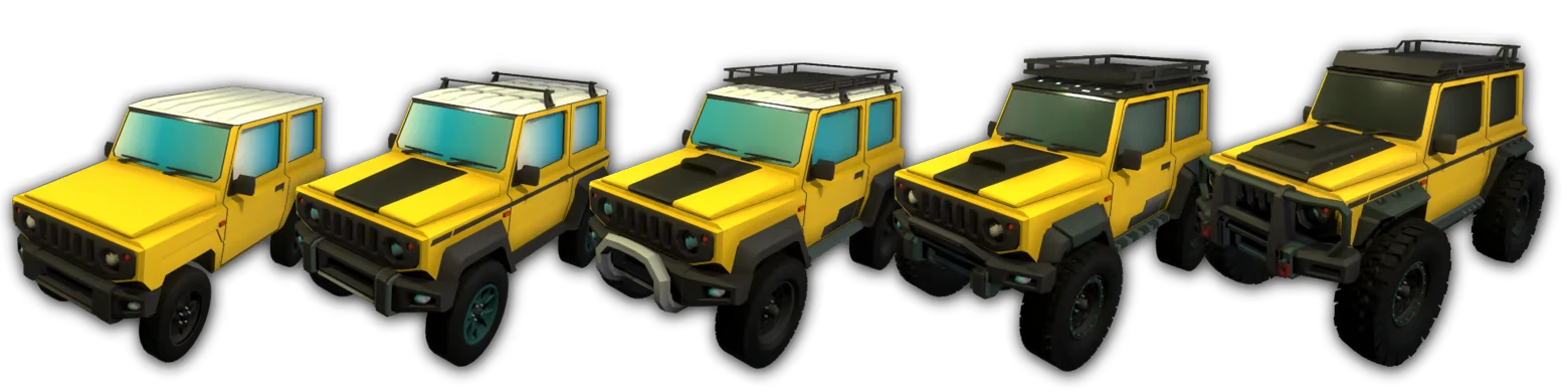 Truck Customization Lineup – Up'N'Up: Mountain Express Up'N'Up: Five yellow off-road SUVs in a row, each with different bumpers and tires.
