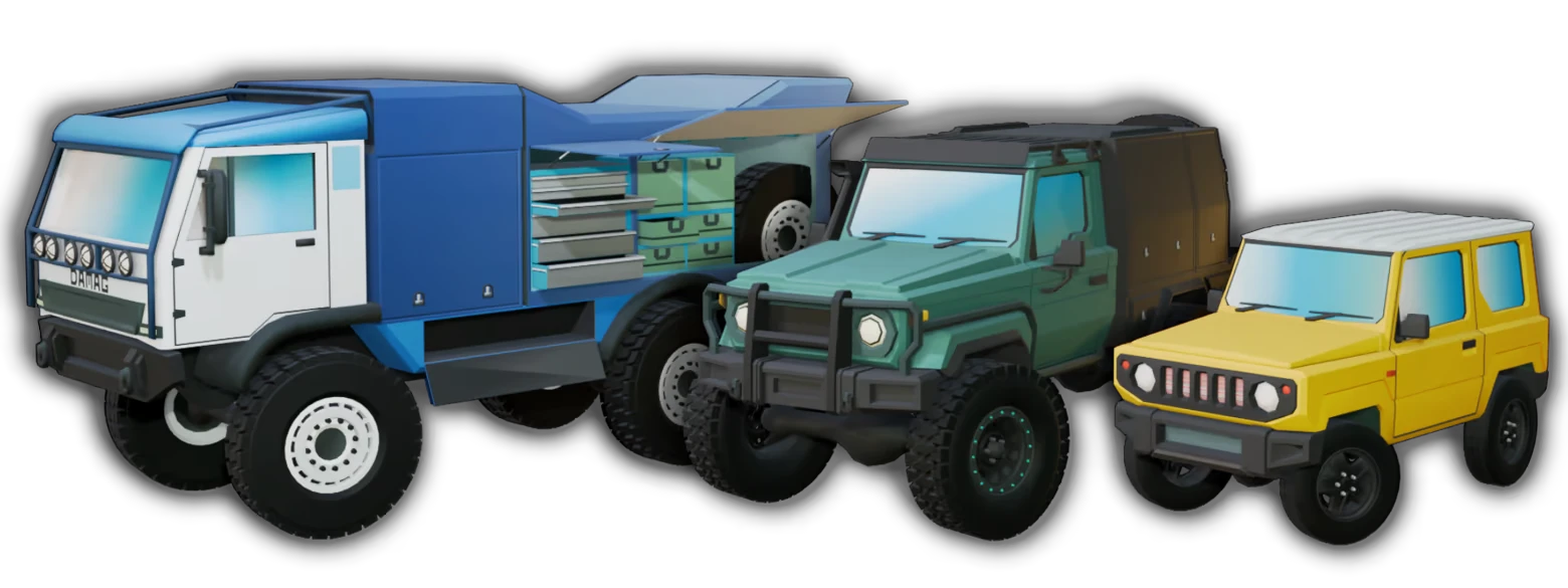 Vehicle Lineup – Up'N'Up: Mountain Express Up'N'Up: Blue utility truck, green off-road van, and yellow SUV on black background.