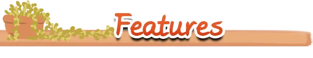 Urban Jungle: "Features" text in orange with a shadow, next to a potted plant on a shelf.