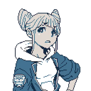 Urban Myth Dissolution Center: Pixel art character with twin buns, hoodie, and patch on sleeve.