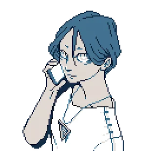 Urban Myth Dissolution Center: Blue-haired character holding a phone, wearing a white shirt.