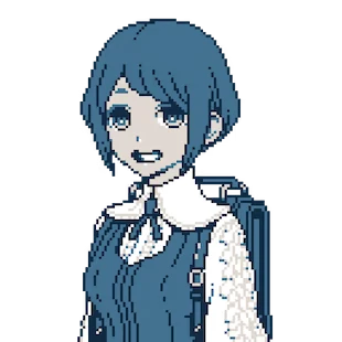 Urban Myth Dissolution Center: Pixel art character with blue hair, white collar, and backpack.