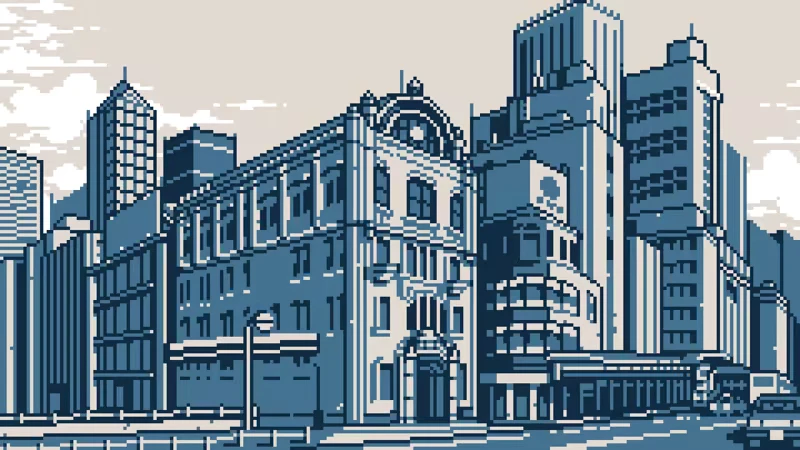 Urban Myth Dissolution Center: Pixel art cityscape with detailed buildings and a cloudy sky.